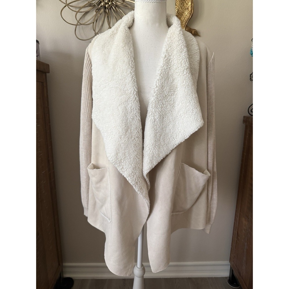 VICI Sherpa Waterfall Cardigan Large Cream Faux Suede Knit Cozy Boho Jacket